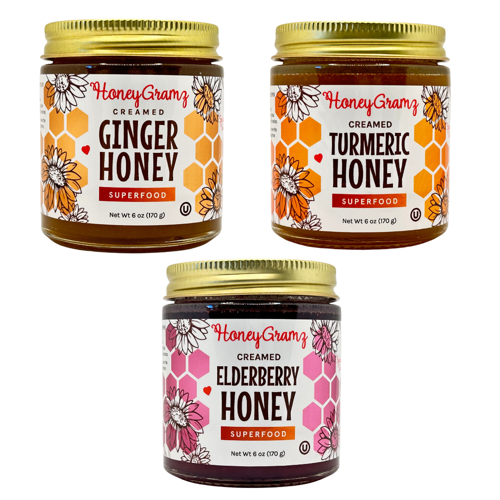 Superfood Creamed Honey Trio – HoneyGramz Superfood Creamed Honey Trio – HoneyGramz